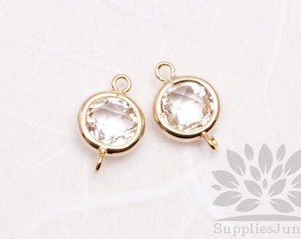 F124-G-CR// Gold Plated Crystal Rounded Glass Pendant Connector, 2 pcs