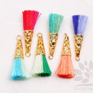 T003-01-MRP// Gold Plated Cone Multi Red, Pink 34mm Tassel Pendant, 4pcs image 3