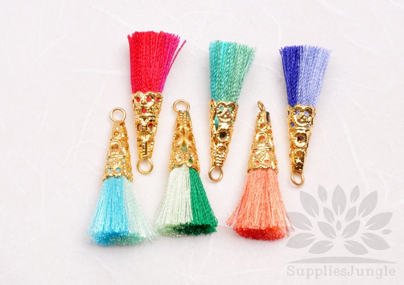 T003-01-MRP// Gold Plated Cone Multi Red, Pink 34mm Tassel Pendant, 4pcs image 3