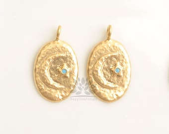 P1158-MG/MR/// Matt Gold or Matt Rhodium Plated Turquoise Blue Cubic Zirconia Pointed Oval Shape Moon and Star Pendant, 2pcs