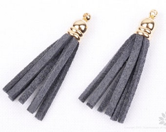 T013-GY// Gold Plated Cap 34mm Gray Suede Tassel, 4 pcs