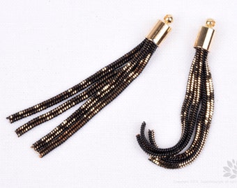 T019-BK// Gold Plated Cap 50mm Black & Gold Snake Chain Tassel, 2pcs