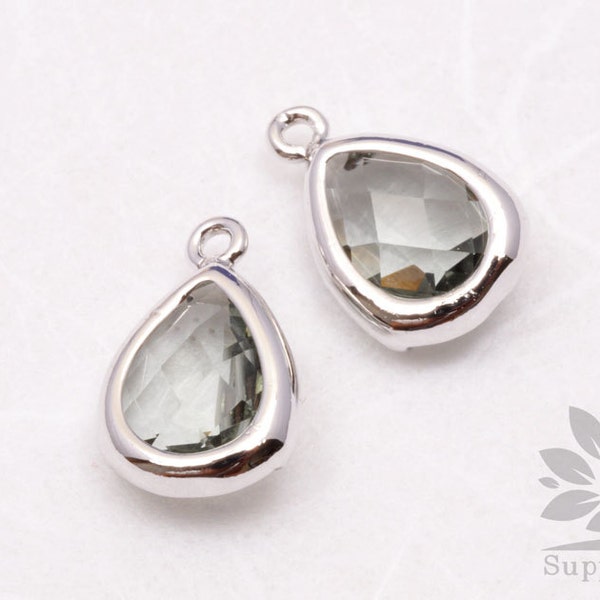 F121-S-SM// Silver Plated Smoky Olive Qiartz Faceted Teardrop Glass Pendant, 2 pcs