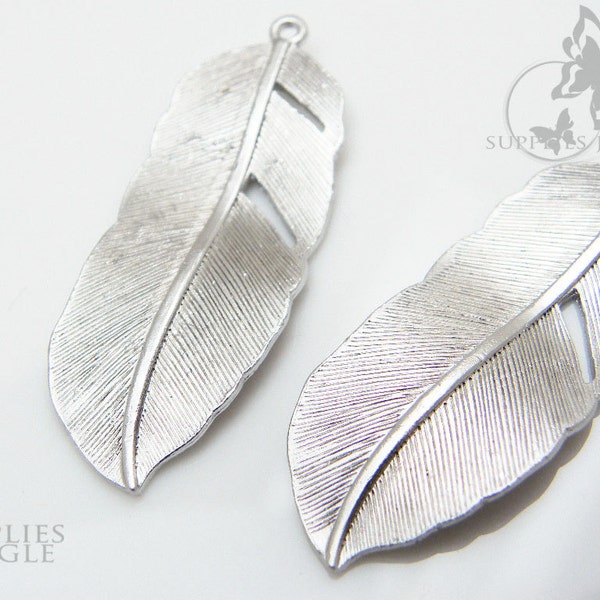 P011-MR // Matt Rhodium Plated Feather Pendant, 2pcs