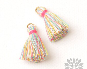 T002-CO-PR// Multi Pink Rainbow Cotton Tassel Pendant, 4pcs, 23mm