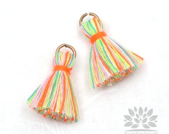 T002-CO-NR// Multi Neon Rainbow Cotton Tassel Pendant, 4pcs, 23mm