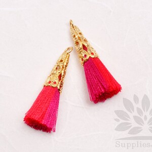 T003-01-MRP// Gold Plated Cone Multi Red, Pink 34mm Tassel Pendant, 4pcs image 1