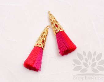 T003-01-MRP// Gold Plated Cone Multi Red, Pink 34mm Tassel Pendant, 4pcs