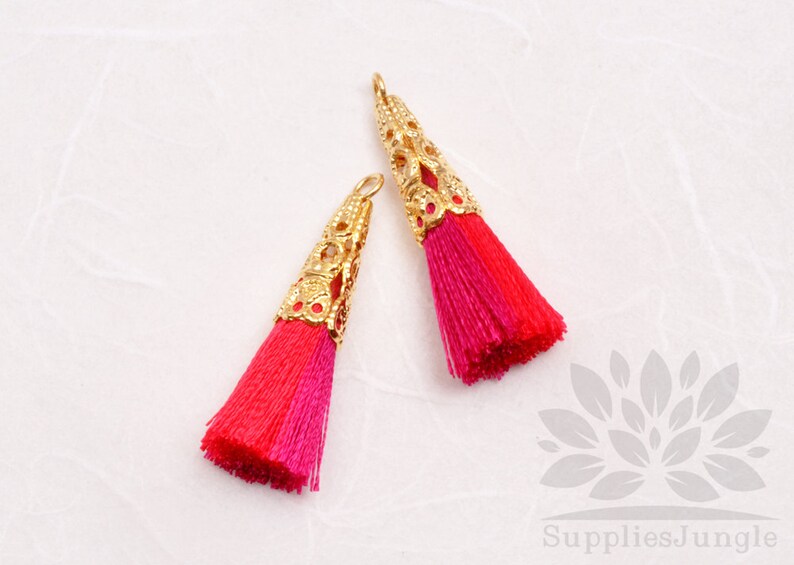 T003-01-MRP// Gold Plated Cone Multi Red, Pink 34mm Tassel Pendant, 4pcs image 1