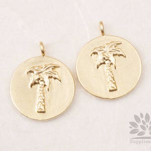 P875-03-MG// Matt Gold Plated Palm Tree Coin Pendant, 2pcs image 1