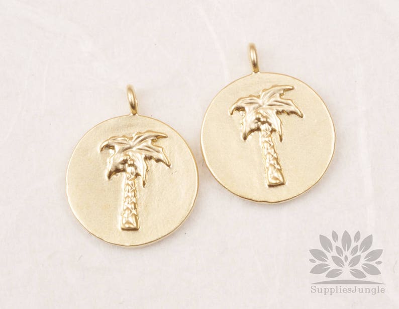 P875-03-MG// Matt Gold Plated Palm Tree Coin Pendant, 2pcs image 1