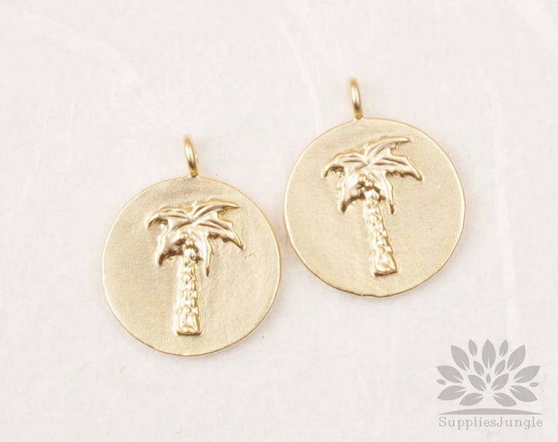 P875-03-MG// Matt Gold Plated Palm Tree Coin Pendant, 2pcs image 4