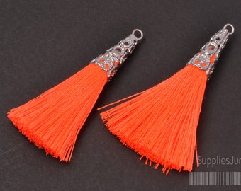 T003-02-R-NO// Original Rhodium Plated Cone Neon Orange 45mm Tassel Pendant, 4pcs