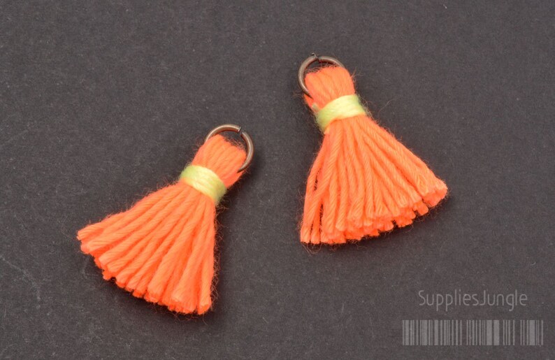 T002-CO-NV// Neon Orange, Vivid Yellow Light Blue Cotton Tassel Pendant, 4pcs, 23mm image 1