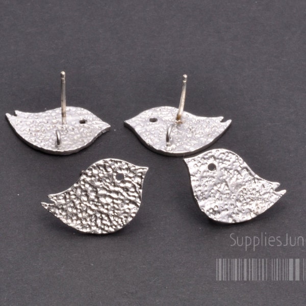 E177-MR// Matt Rhodium Plated Textured Sparrow Earring Posts, 4pcs