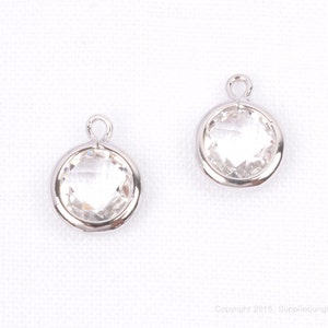 F127-02-S-CL// Rhodium Plated Clear Crystal Faceted Round Glass Pendant, 2 pcs
