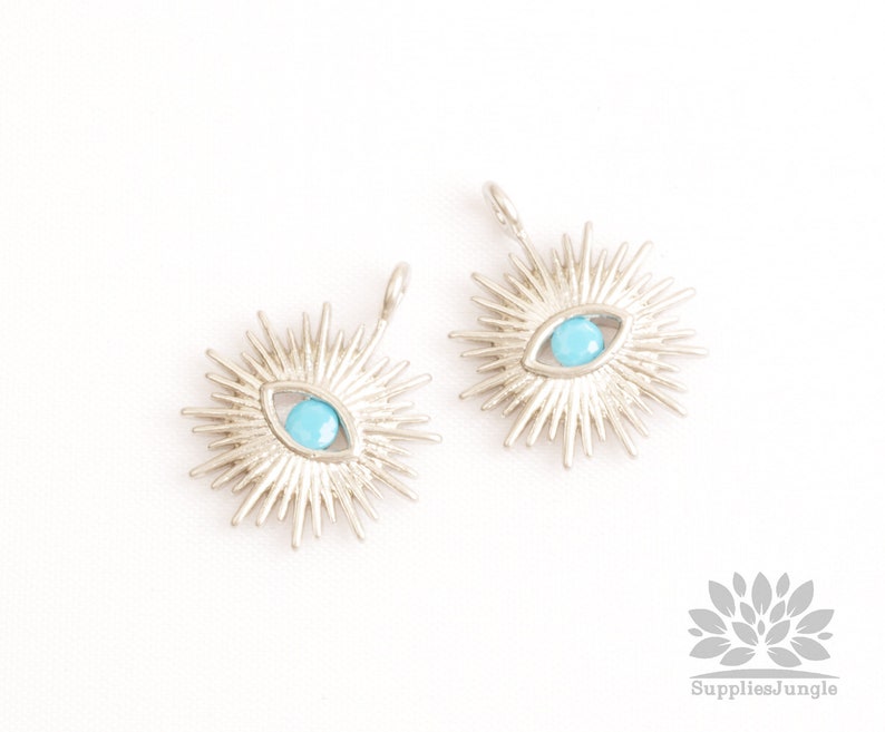 P1103-MR// Matt Rhodium Plated Turquoise Blue Cubic Zorconia Pointed Eye Pendant, 2pcs image 1