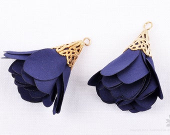 T015-BL// Gold Plated Lace Cap Blue Fabric Petal Tassel, 2 pcs