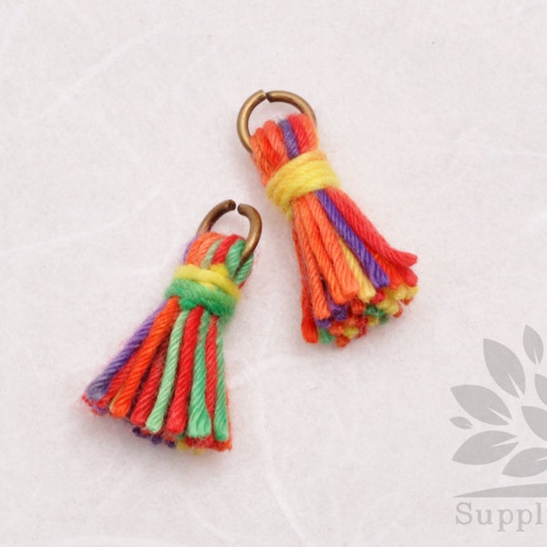 T000-CO-MR// Multi Rainbow Cotton Tassel Pendant, 4pcs, 18mm