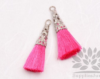 T003-01-R-HP// Original Rhodium Plated Cone Hot Pink 34mm Tassel Pendant, 4pcs