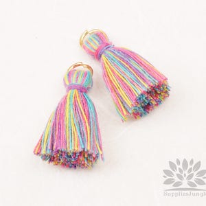 T002-CO-LR// Multi Light Rainbow, Cotton Tassel Pendant, 4pcs, 23mm image 2