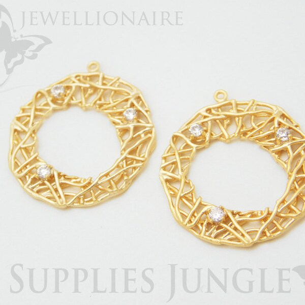 P137-MG// Matt Gold Plated Meshed Round Rhinestone Pendant, 2pcs