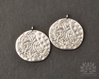 P914-01-MR// Matt Rhodium Plated 20mm Owl Coin Pendant, 2pcs