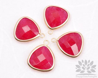 F105-02-MG-RU// Matt Gold Plated Framed Ruby Quartz Stone Pendant, 2Pc