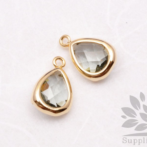 F121-G-SM// Gold Plated Smoky Olive Qiartz Faceted Teardrop Glass Pendant, 2 pcs