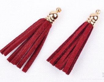 T013-RD// Gold Plated Cap 34mm Red Suede Tassel, 4 pcs