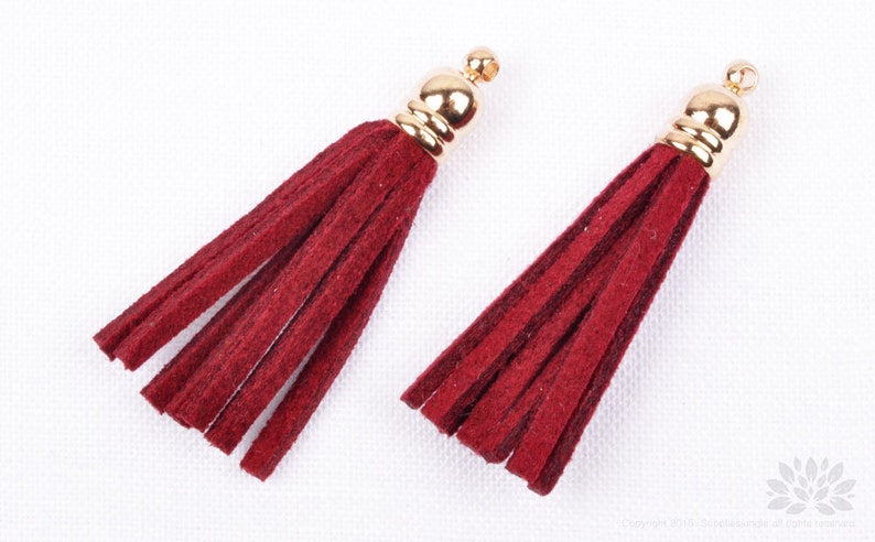 T013-RD// Gold Plated Cap 34mm Red Suede Tassel, 4 pcs image 1