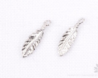 P730-MR// Matt Rhodium Plaqué Mini Plume Feuille Pendentif Charme, 4 pcs