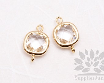 F125-G-CR// Gold Plated Crystal Square Glass Pendant Connector, 2 pcs