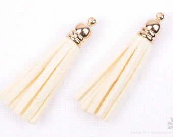 T013-IY// Gold Plated Cap 34mm Ivory Suede Tassel, 4 pcs