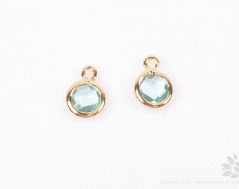 F127-01-G-AQ// Gold Plated Aquamarine Faceted Mini Round Glass Pendant, 2 pcs