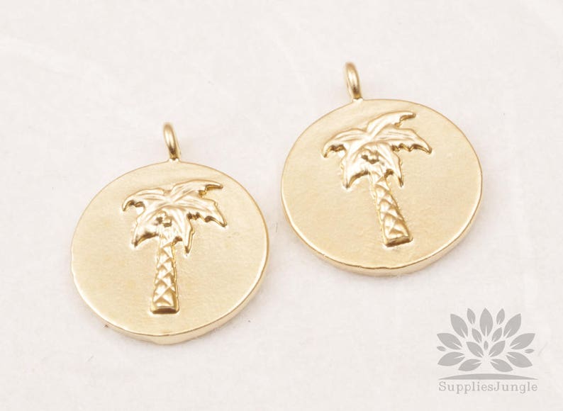 P875-03-MG// Matt Gold Plated Palm Tree Coin Pendant, 2pcs image 2