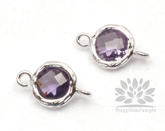 F145-S-AM// Rhodium Framed Amethyst Faceted Round Glass Connector, 2 pcs