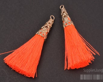 T003-02-G-NO// Gold Plated Cone Neon Orange 45mm Tassel Pendant, 4pcs