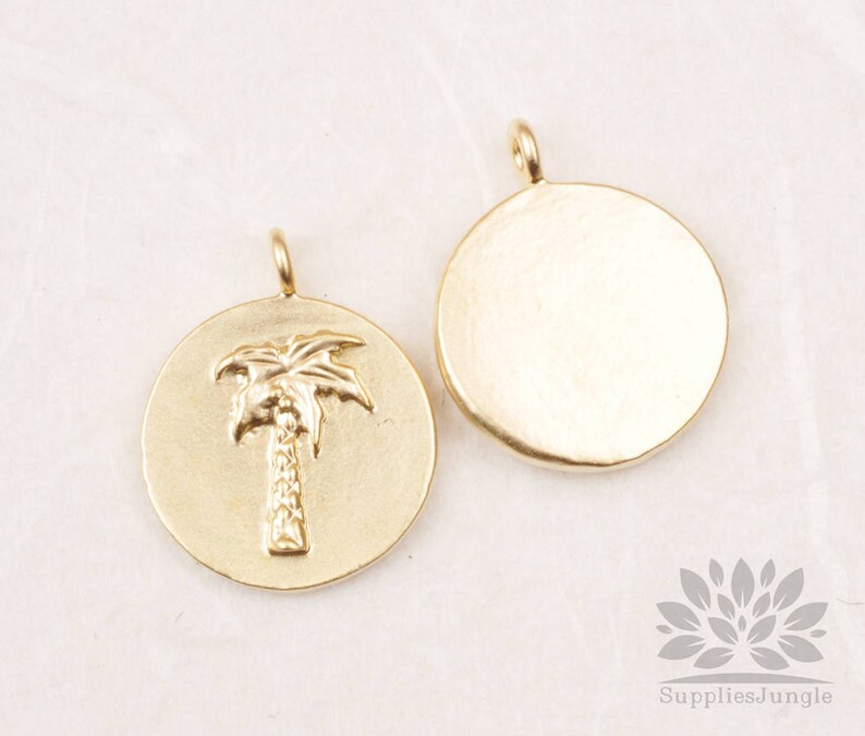 P875-03-MG// Matt Gold Plated Palm Tree Coin Pendant, 2pcs image 3