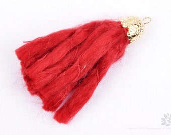 T018-RD// Gold Plated Cap 55mm Red Yarn Tassel, 2 pcs