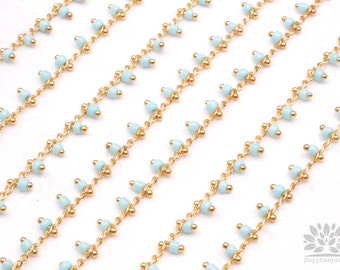 C300-SB// Gold Plated Sky Blue Beads Chain, 50cm