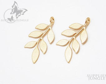 P024-MG // Matt Gold Plated Leaf Pendant, 2pcs