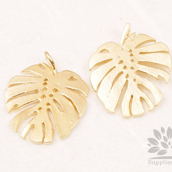 P872-MG// Matt Gold Plated Monstera Leaf Pendant, 2pcs