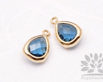 F121-G-BT// Gold Plated Blue Topez Faceted Teardrop Glass Pendant, 2 pcs