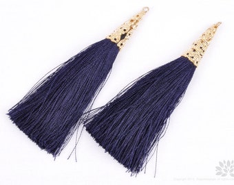 T003-03-G-NY// Gold Plated Cone Navy 77mm Tassel Pendant, 2 pcs