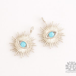 P1103-MR// Matt Rhodium Plated Turquoise Blue Cubic Zorconia Pointed Eye Pendant, 2pcs image 2