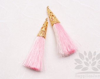 T003-02-MWP// Gold Plated Cone Multi White, Pink 45mm Tassel Pendant, 4pcs