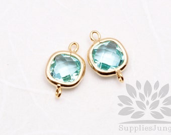 F125-G-IB// Gold Plated Ice Blue Square Glass Pendant Connector, 2 pcs