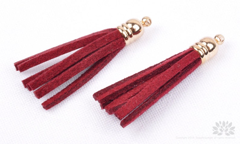 T013-RD// Gold Plated Cap 34mm Red Suede Tassel, 4 pcs image 2