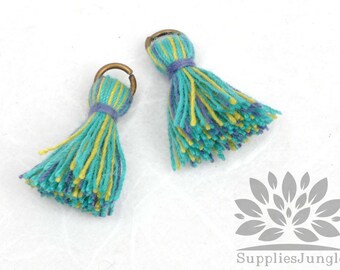 T002-CO-BG// Multi Blue Green Cotton Tassel Pendant, 4pcs, 23mm